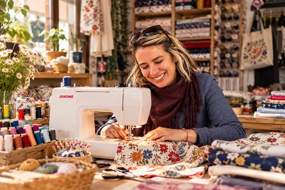 Dikiş makinesinde kumaş diken bir kadın, önünde renkli iplik makaraları